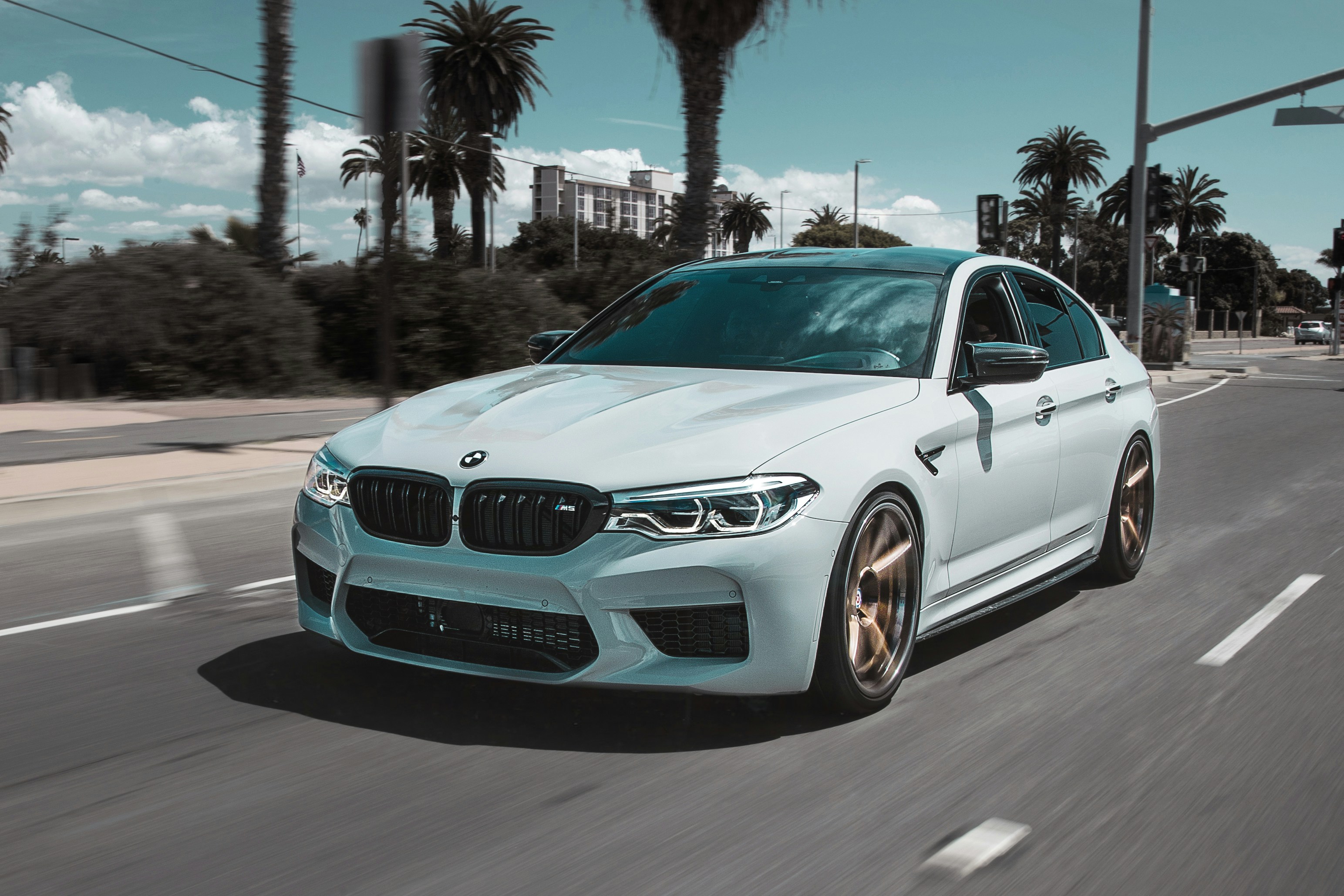 BMW claro circulando por una avenida con palmeras